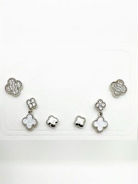 Mother of Pearl & Zirconia w/ Silver Clover Earrings Set 6 Pc Silver Plated